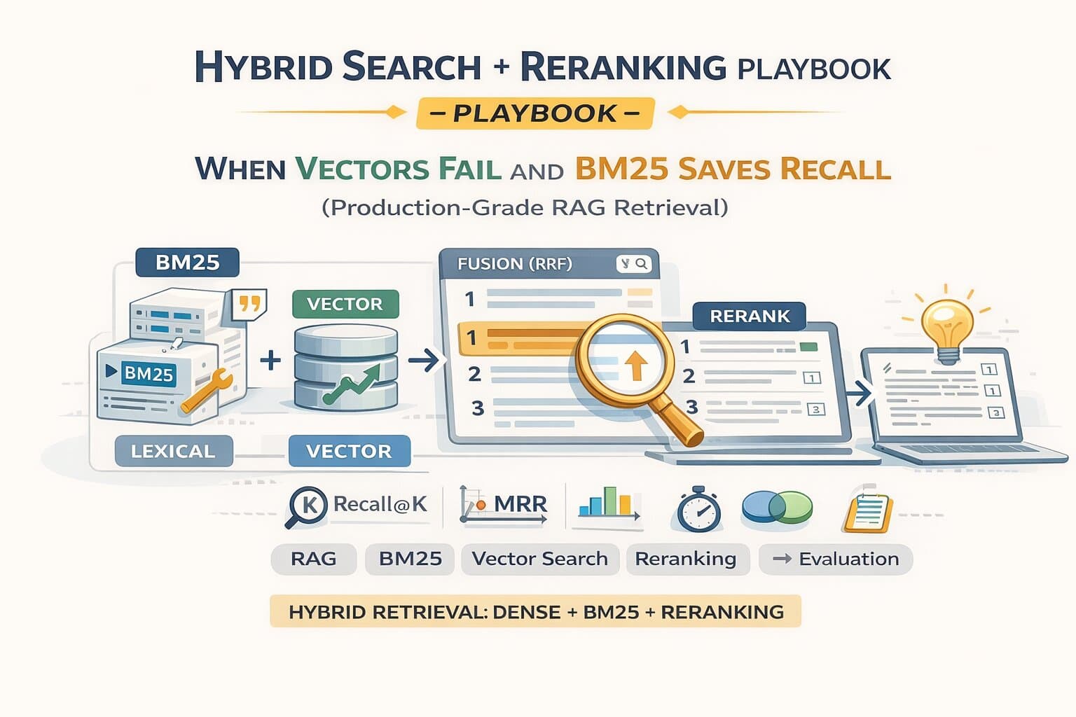 Hybrid Search + Reranking Playbook: When Vectors Fail and BM25 Saves Recall (Production-Grade RAG Retrieval)